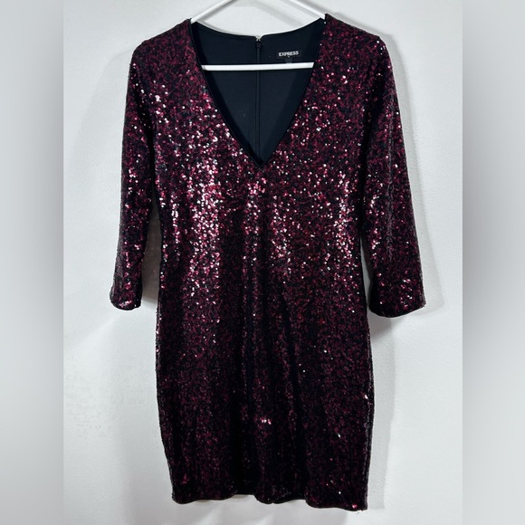 Express Dresses & Skirts - Express Deep Red & Black Sequin V-neck Long Sleeve Lined Holiday Dress Size 6